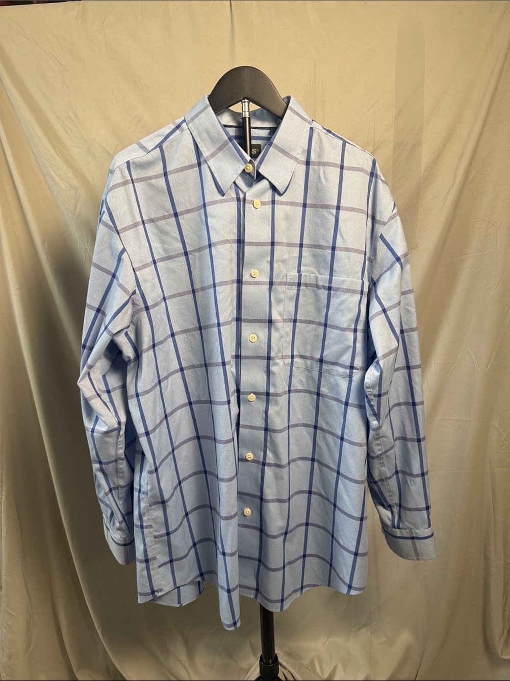 Orvis Light Blue Plaid Button-Down Shirt with Navy Grid